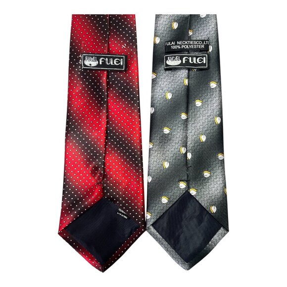 Vintage Fulei Men’s Neckties – Red Black Striped Dots & Gray Geometric Pattern - Picture 3 of 4